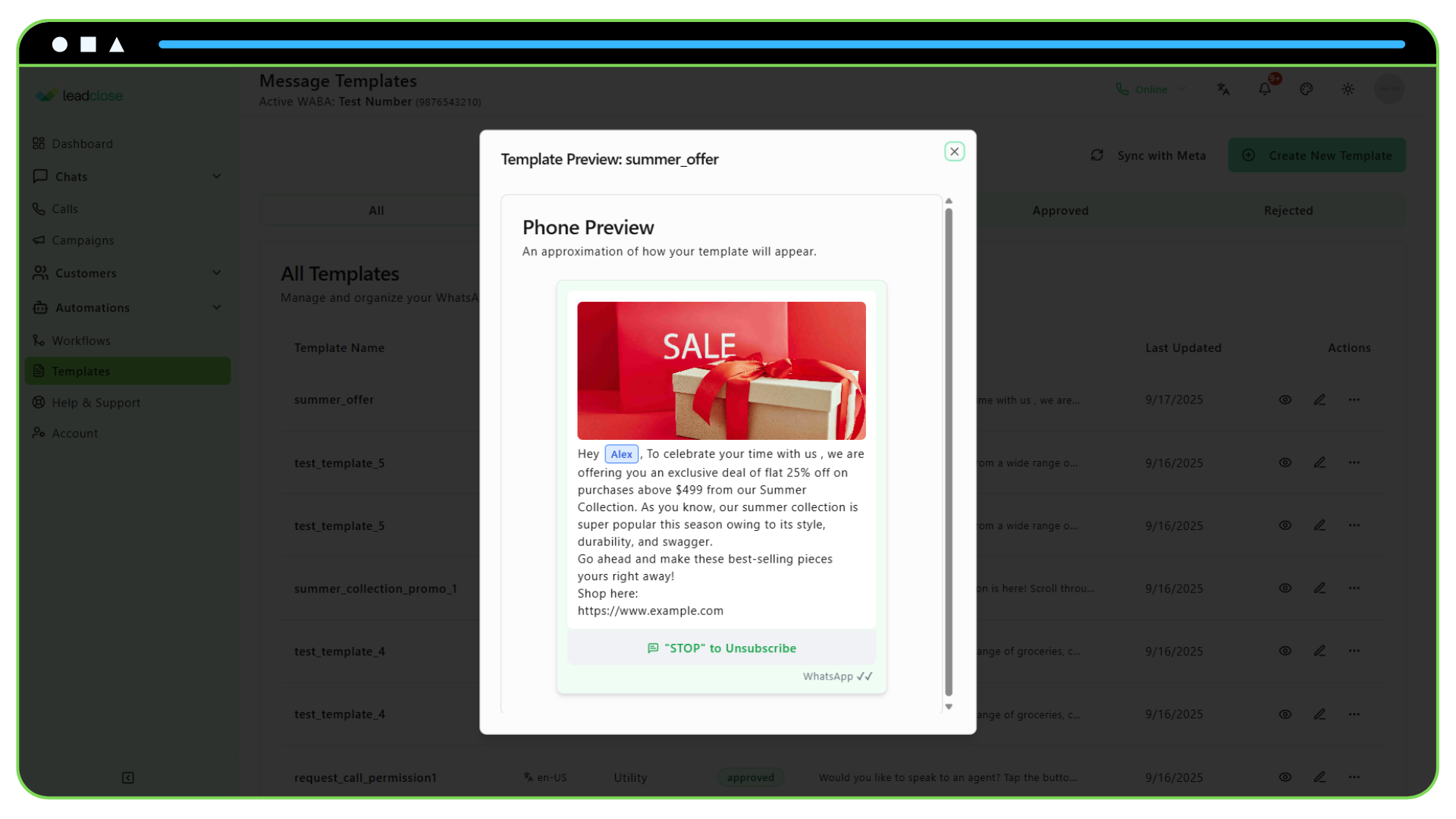 A Guide to Message Templates Screenshot of a marketing message template preview featuring a clear promotional offer and an “Unsubscribe” button.
