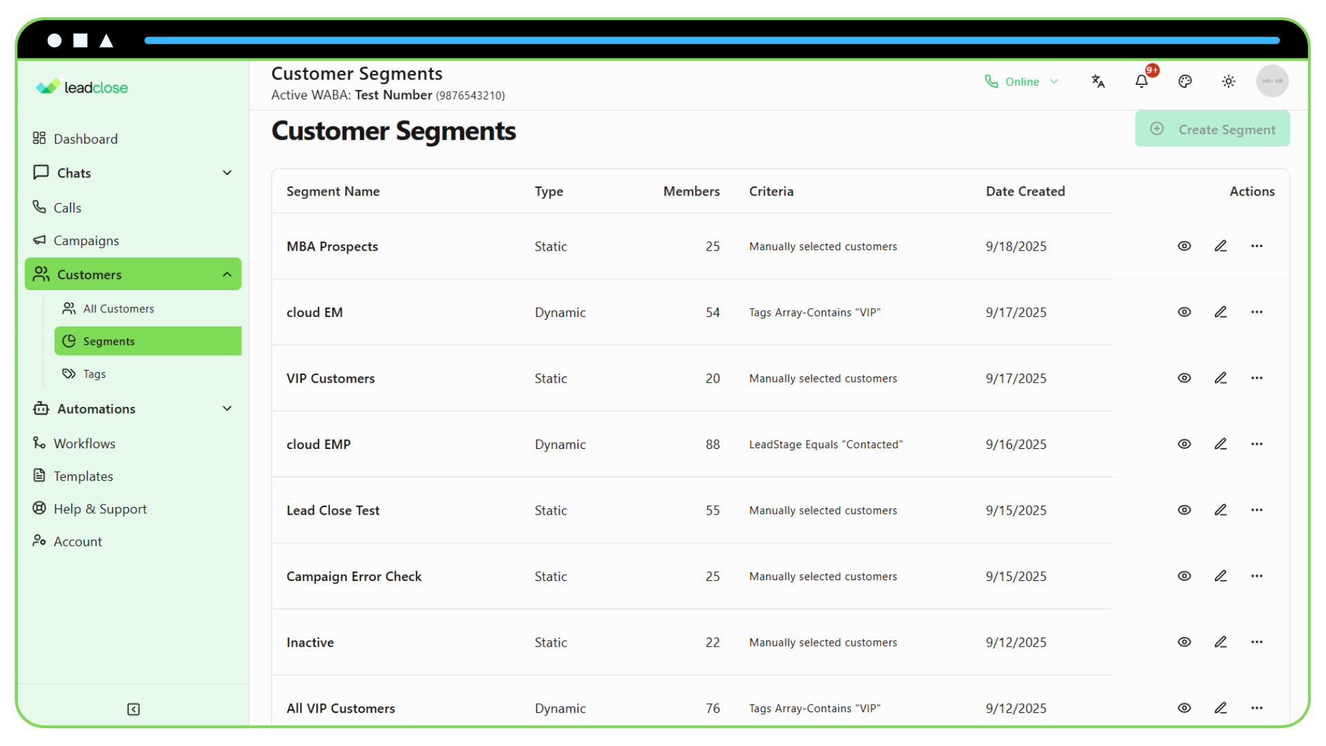 Screenshot of the Segments page displaying a list of customer segments such as “VIP Customers,” “Inactive,” and “New Leads.