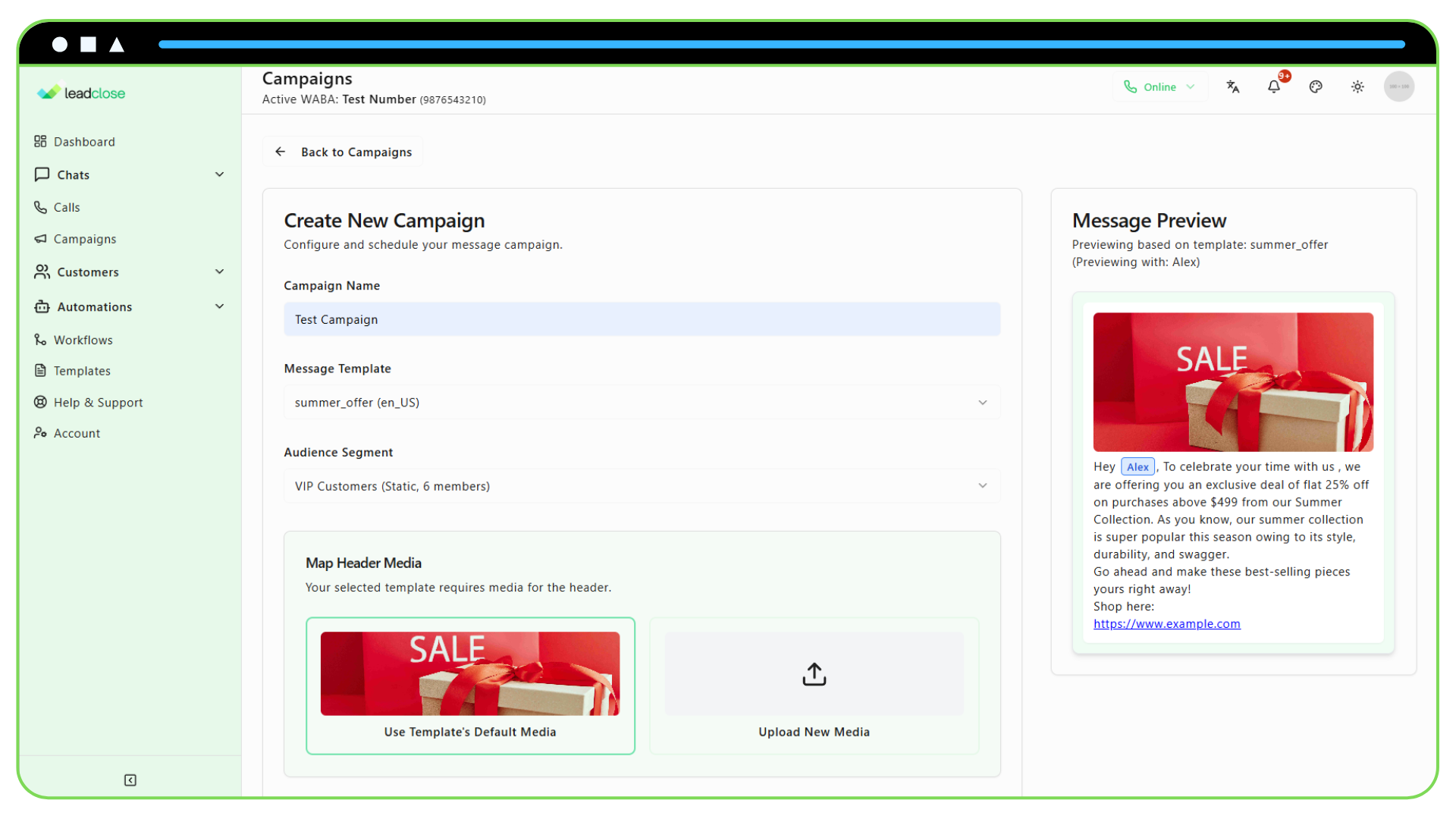 Screenshot of the campaign creation screen with a Marketing message template and the “VIP Customers” audience segment selected.