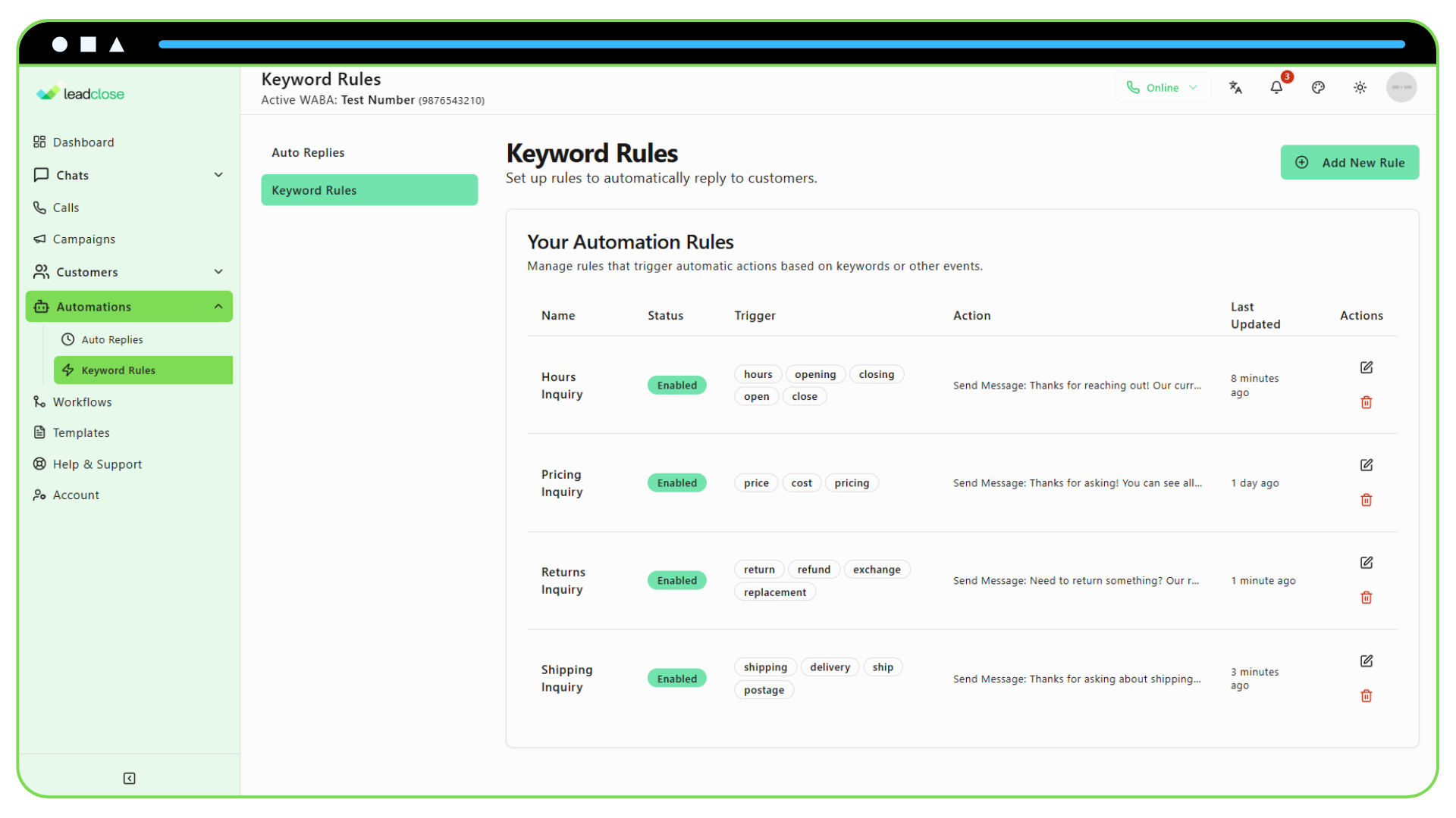Screenshot of the Keyword Rules list displaying several FAQ rules such as “Hours,” “Shipping,” and “Returns.