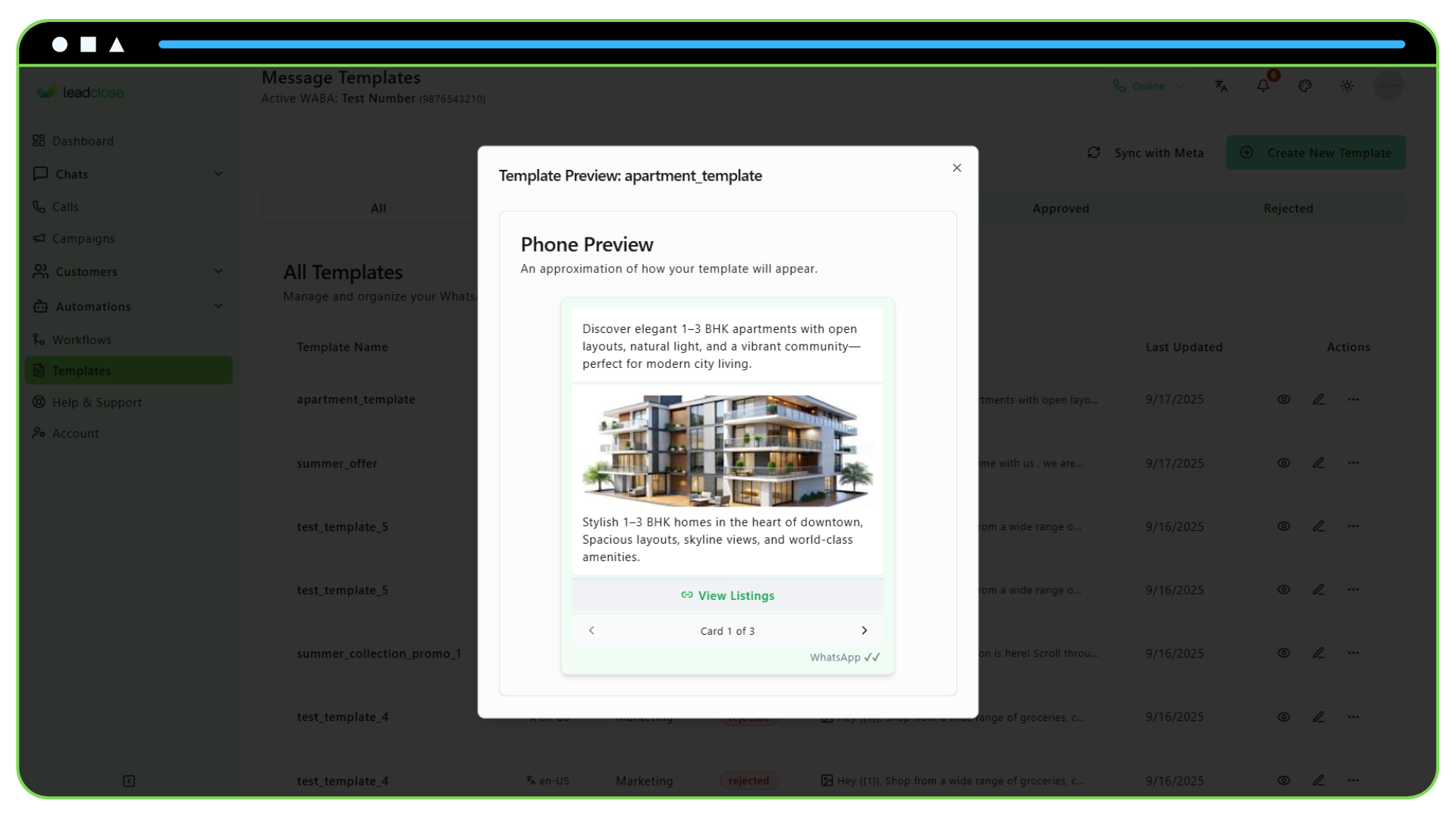 Screenshot of a carousel message template preview featuring three different apartment listings for a real estate promotion.