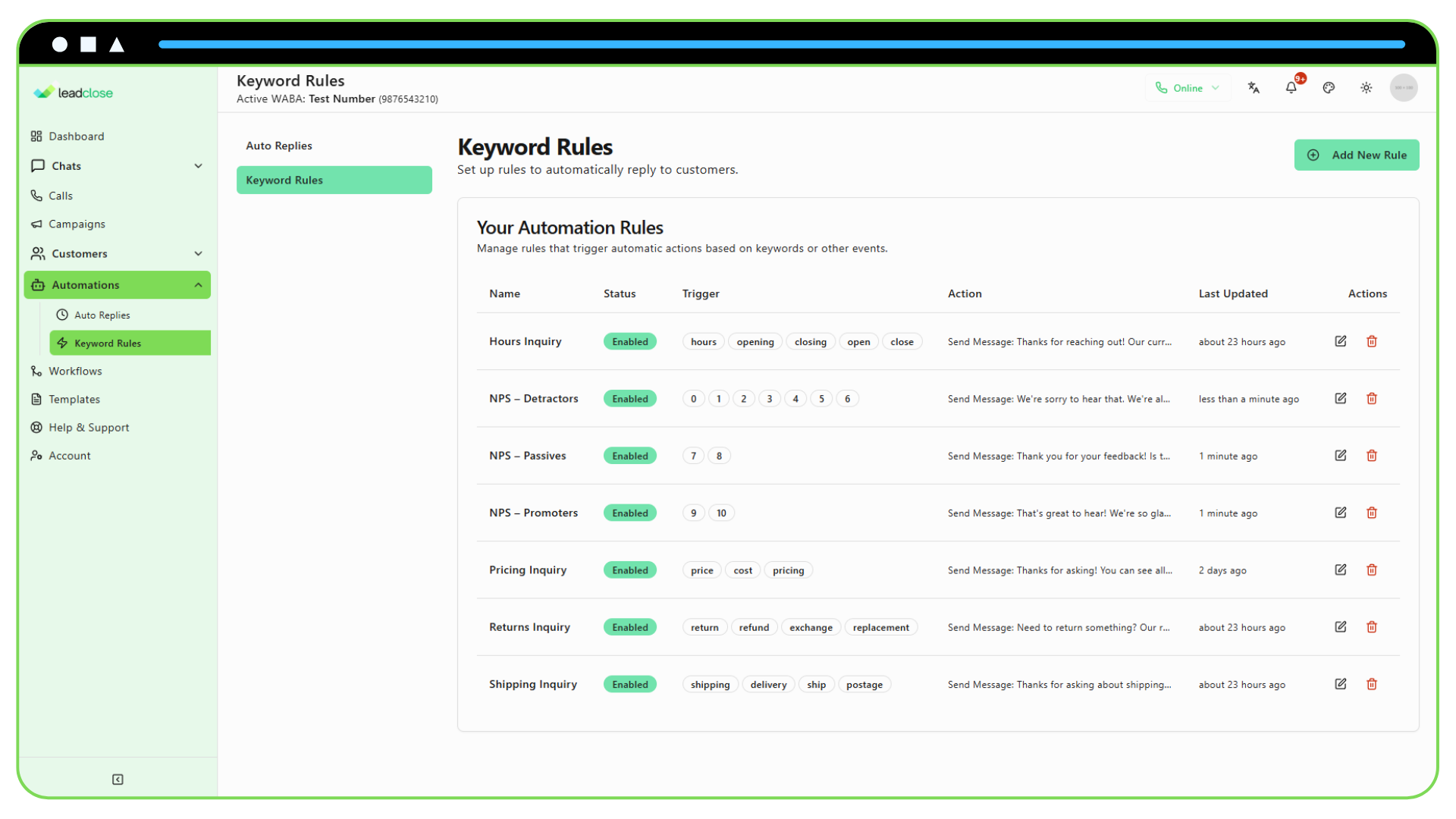Screenshot of the Keyword Rules page displaying different rules set up for various NPS score ranges.