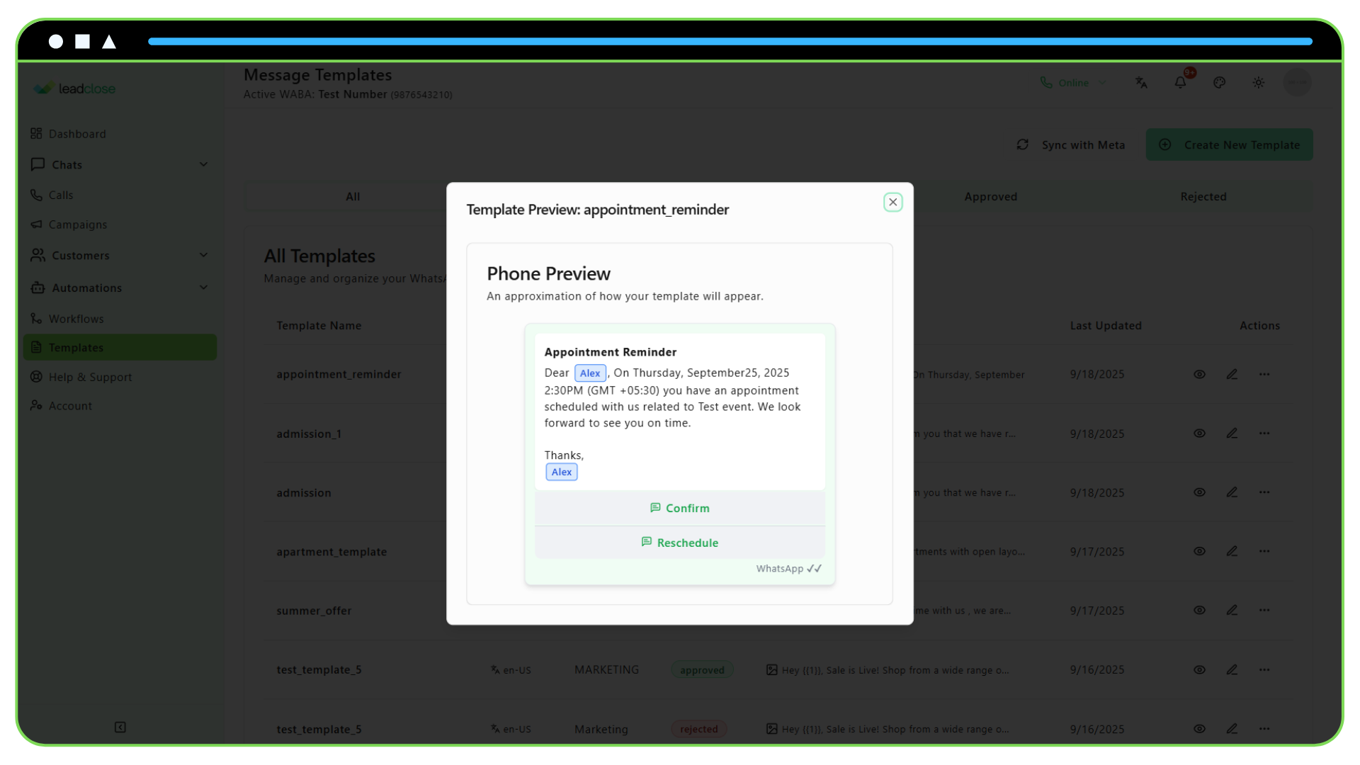 Screenshot of an appointment reminder template preview featuring “Confirm” and “Reschedule” buttons.